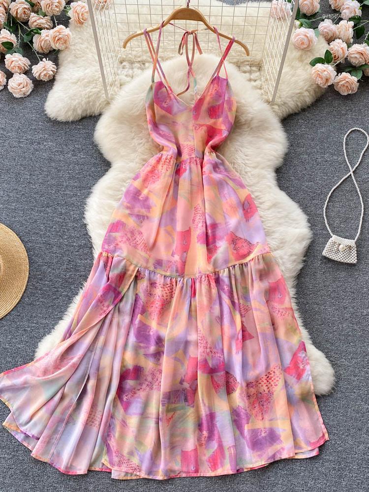 

Casual Dresses Bohemia Floral Print Dress Women Summer Sexy Off Shoulder Halter V Neck Backless Suspender High Waist Slim Beach Long, Pink