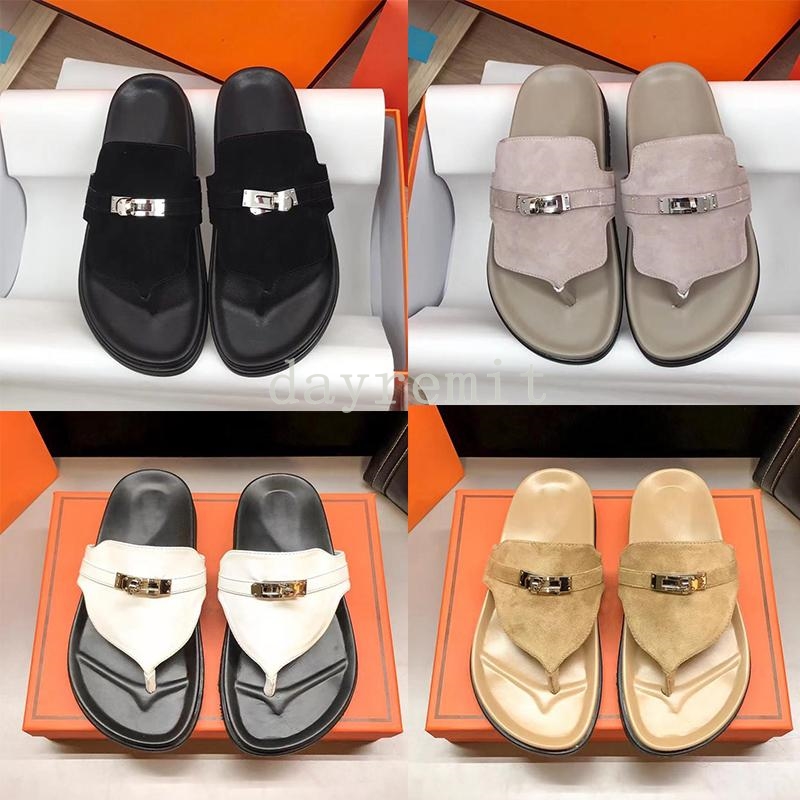 

Designer Men Slippers Chypre Sandals Beach Classic Flat Sandal Mental Buckle Rubber Sole Slides Leather Scuffs Summer Embossed Letter Flip Flops, Color 3