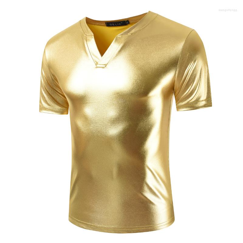 

Men's T Shirts Men Shiny Gold Coated Metallic Slim Hip-hop T-shirt Nightclub Party Stage Performance V Neck Top Tee Shirt Tshirt Homme, Bdl141 blue