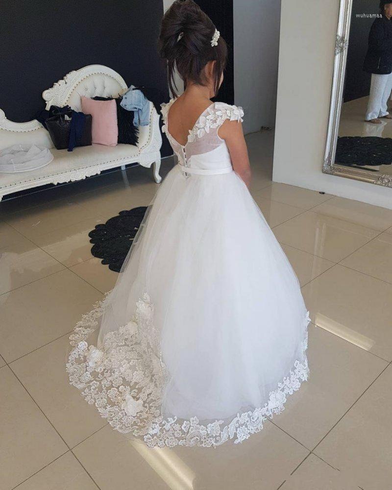 

Girl Dresses White Tulle First Communion Gowns With Lace Appliques Todder Pageant Gown Sleeveless Sweep Customized Flower Dress Backless, Silver