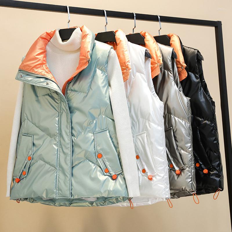 

Women's Vests Short Glossy Down Cotton Vest Women 2023 Fashion Autumn Winter Korean Loose All-match Sleeveless Waistcoat Female Parka Tops, White