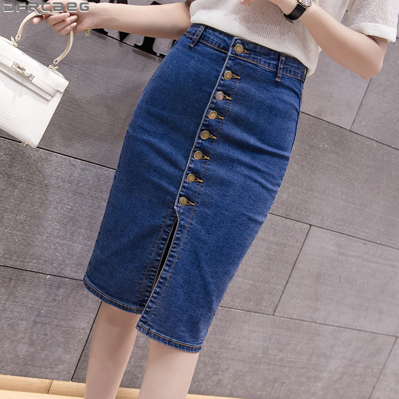 

Skirts Vintage High Waist Denim Skirt For Women Summer Package Hip Jeans Skirt Single Button Split Bodycon Pencil Midi Skirts 230313, Blue