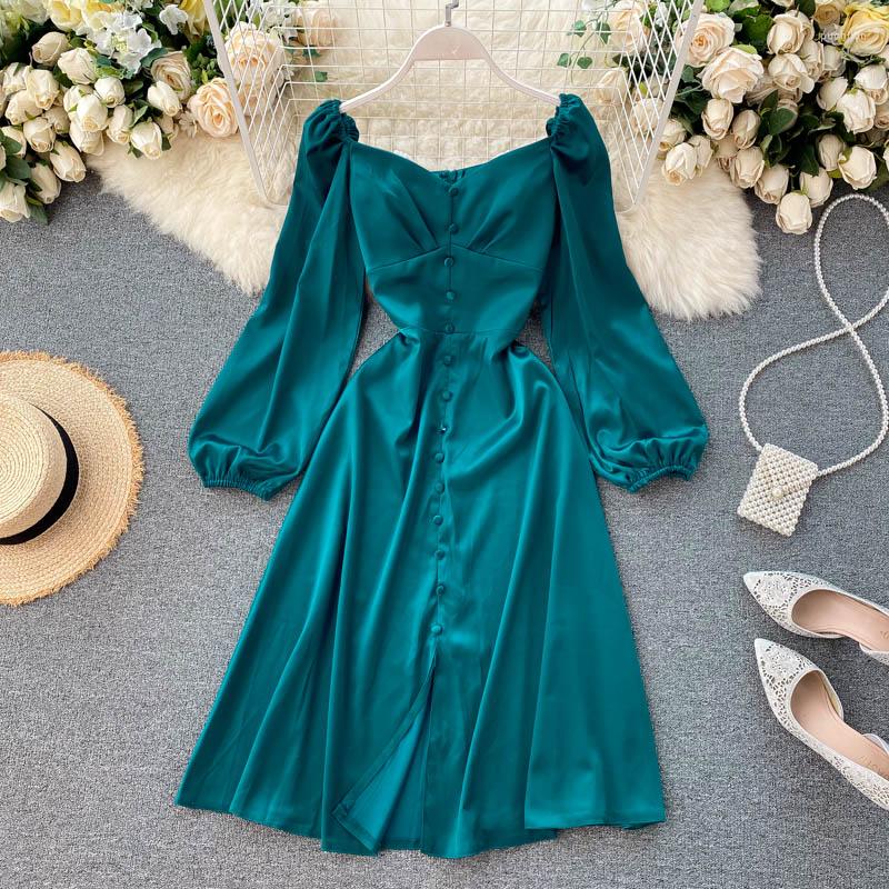 

Casual Dresses Vintage Green Satin Dress Women Autumn High Waist Long Sleeve Slim Single-Breasted Female Party Night Fashion Vestidos, Blue
