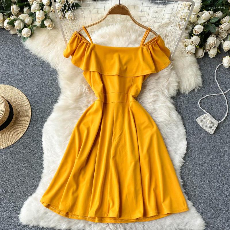 

Party Dresses ZCWXM 2023 Summer Sexy Backless Dress Women Beach Off Shoulder Ruffled Spaghetti Strap Slim Mini Yellow/Pink Boho, Black