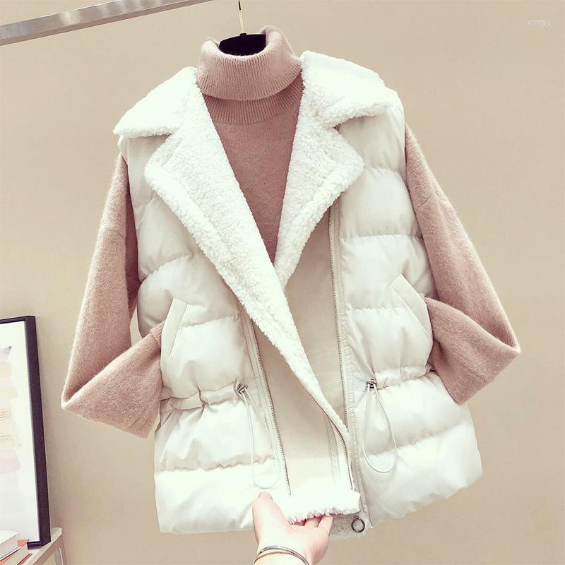 

Women's Vests Autumn Winter 2023 Imitation Lamb Wool Splicing Down Cotton Vest Jacket Women Short Loose All-Match Sleeveless Female, Black