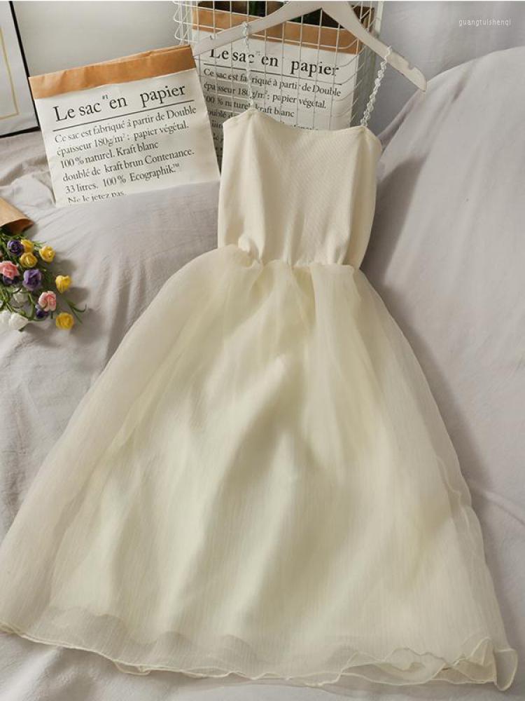 

Casual Dresses Summer Women Vintage Mesh Cami Dress Apricot Sleeveless Sweet Korean Style High Waist Spaghetti Strap Midi Princess Robe