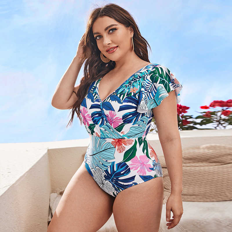 

Monokinis Designer Luxury 2023 Oversized One-piece Bikini Leaf Print Backless Ruffle Short Sleeve Swimsuit, Grandiflora
