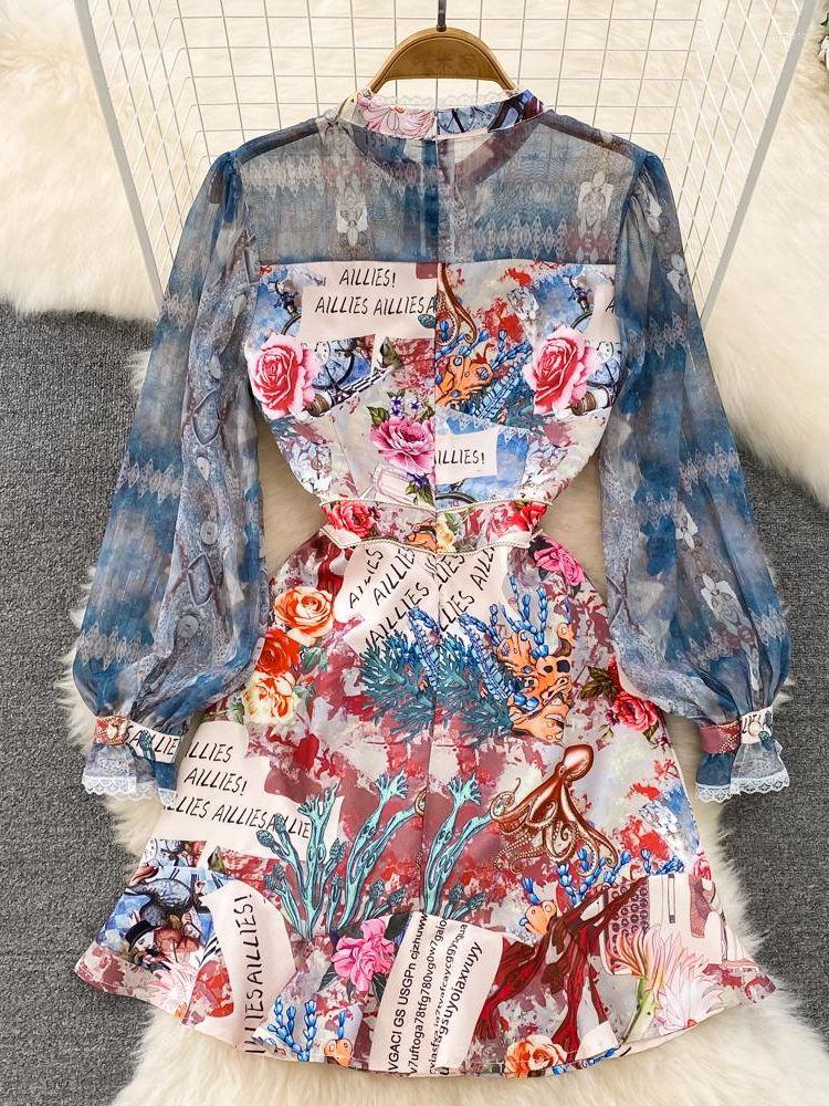 

Casual Dresses Merchall Women Long Sleeve Ruffles Mermaid Dress Female O-Neck Mesh Patchwork Pearl Button Lace Trims Floral Print Mini, Mixed color