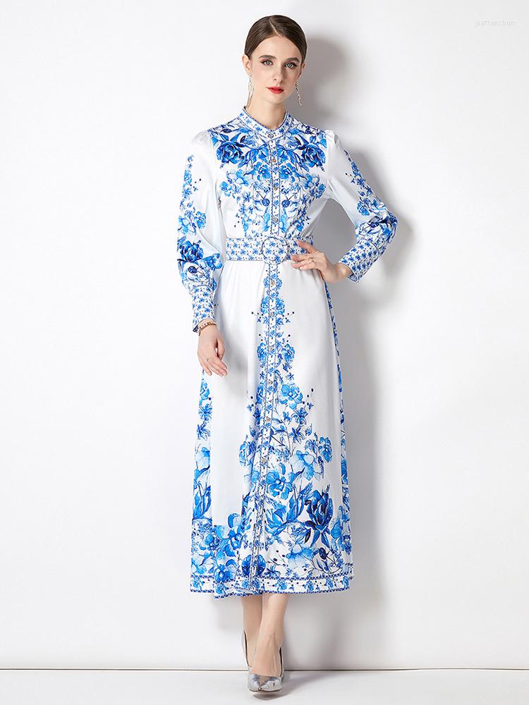 

Casual Dresses Autumn Fashion Runway Maxi Dress Women' O-Neck Lantern Sleeve Single Breasted High Waist Belt Vintage Print Longue Robe, Blue245