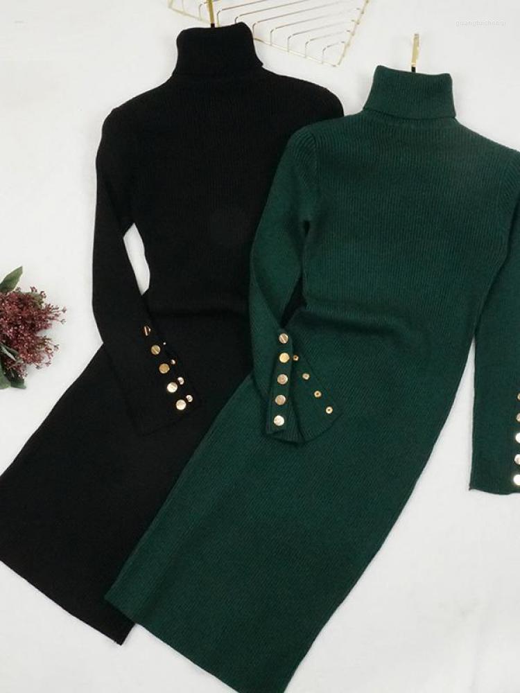 

Casual Dresses Autumn Winter Women Turtleneck Sweater Button Long Sleeve Knitted Office Ladies Elastic Knit Dress Vestidos, Gray