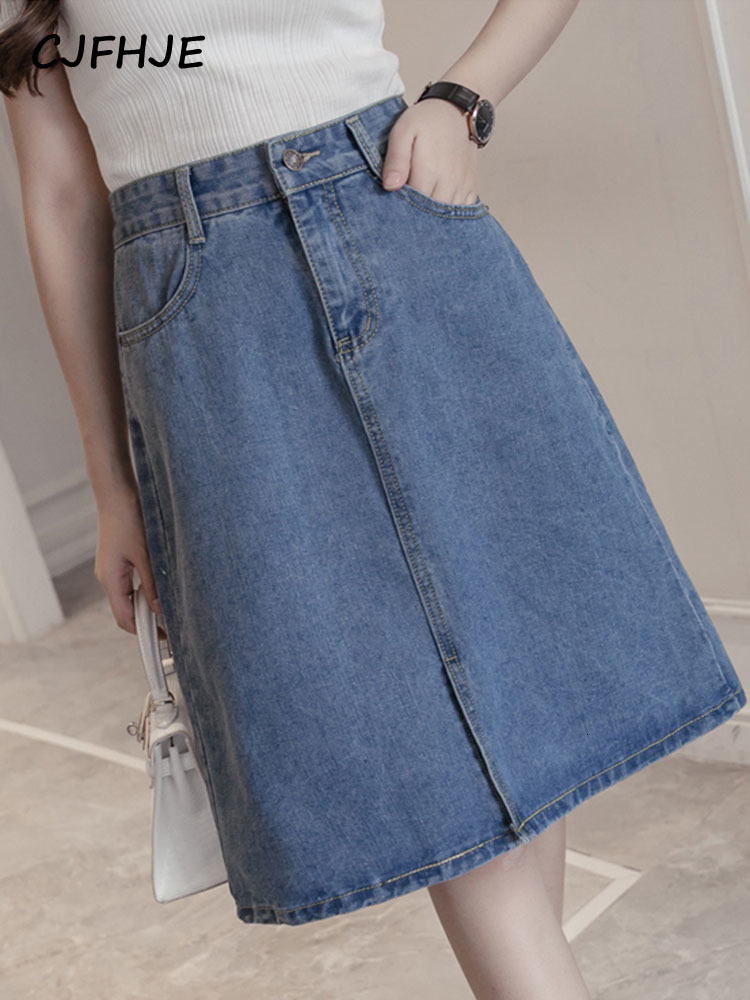 

Skirts CJFHJE Kpop Oversized Summer Female A-line Skirts Solid Color Sweet Blue Denim Skirt Women Hipster Split Jeans Saias -5XL 230313, Dark blue