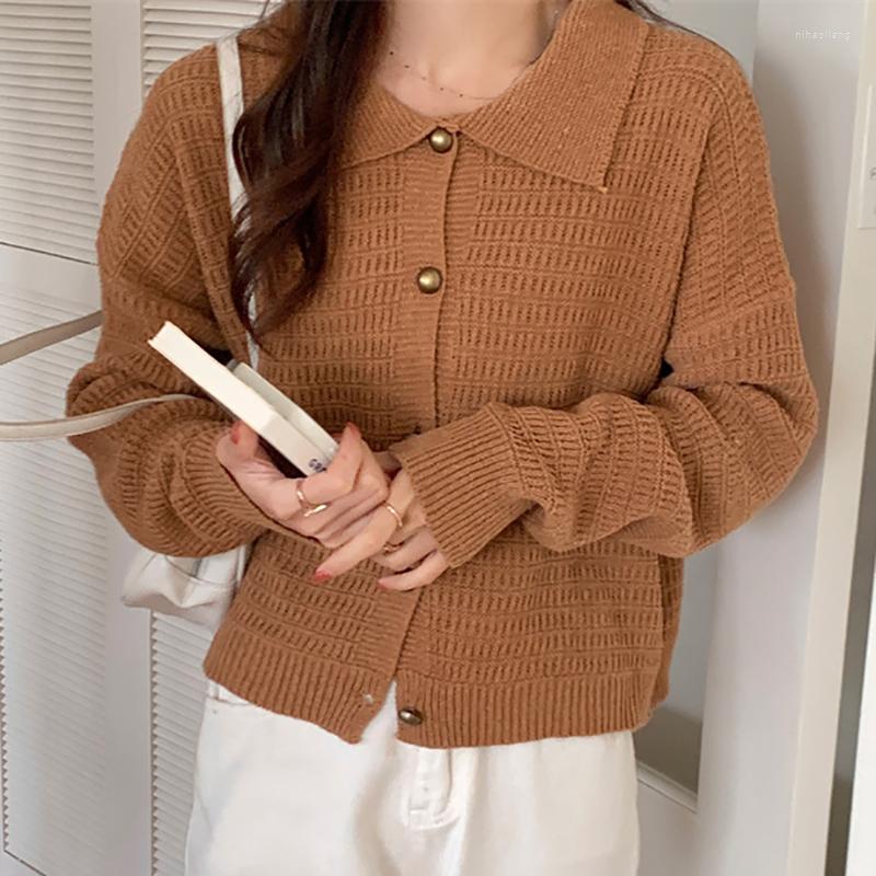 

Women's Knits Autumn Knitted Cardigan Womens Long Sleeve Casual All-Match Slim Knitwear Female POLO Neck Solid Basic Button Sweaters Femme, White
