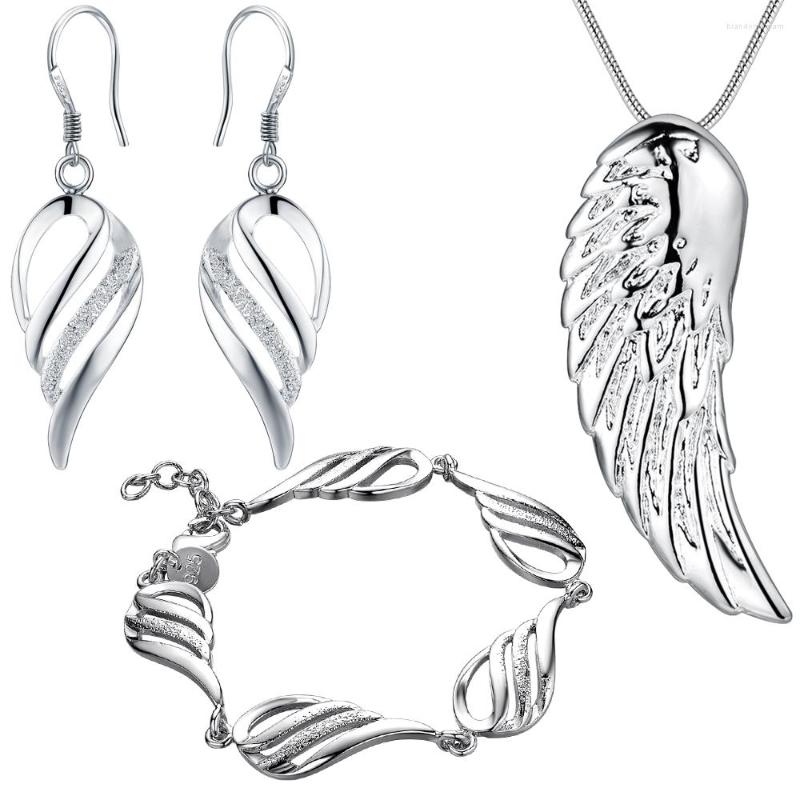 

Necklace Earrings Set Silver Color Fashion Jewelry Feather Pendant & Bracelet For Woman Pretty Cute Good Quality, Picture shown