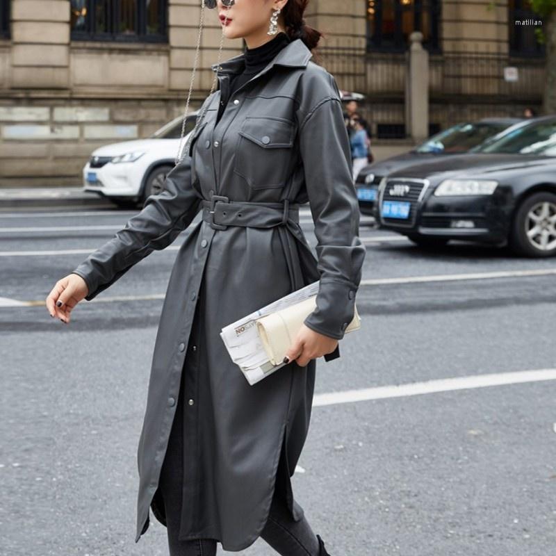 

Women's Trench Coats Autumn Women Military Style Long Pu Leather Coat Fashion Ladies Belted Windbreaker Single Breasted Outerwear, Black