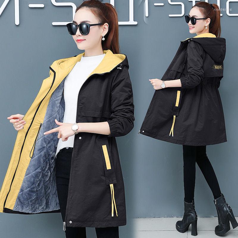 

Women's Trench Coats Autumn Winter 2023 Jacket Coat Female Plus Velvet Thick Warm Women Windbreaker Loose Mid Long Hooded Casual Ladies, Green