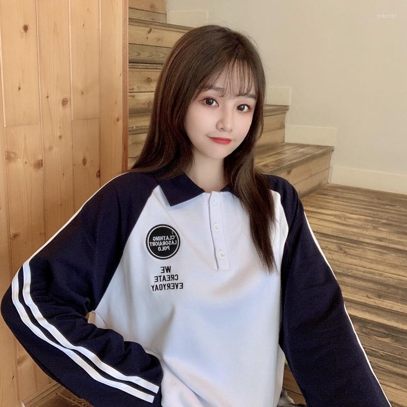 

Women's T Shirts 2023 Women's College Style Contrast Color POLO Collar Funny Embroidery Student Long Sleeve Loose T-shirt Female, Blue