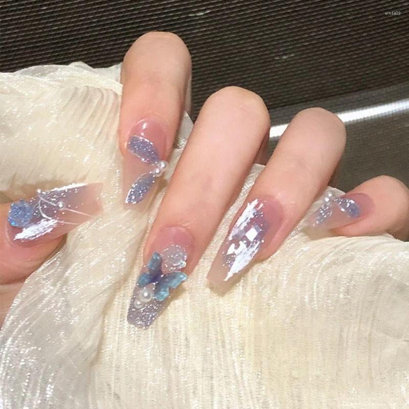 

False Nails 24pcs Press On Purple Butterfly DIY Long Ballerina Fake Blue Shinning Crystal French, Lk15155