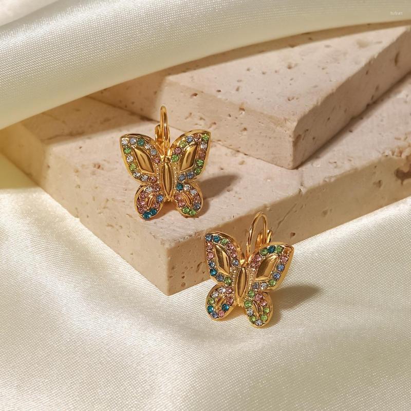 

Hoop Earrings Uworld Pendant Butterfly With Colored Diamonds 18k Gold Plated Waterproof Charm Fashion Pendientes Jewelry