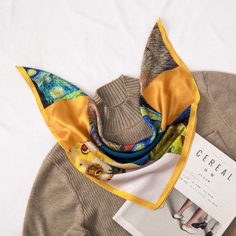 

Scarves Silk Scarf Women Fashion Color Block Oil Painting Print Kerchief Bandana Neck Hairband 53 53cmScarves