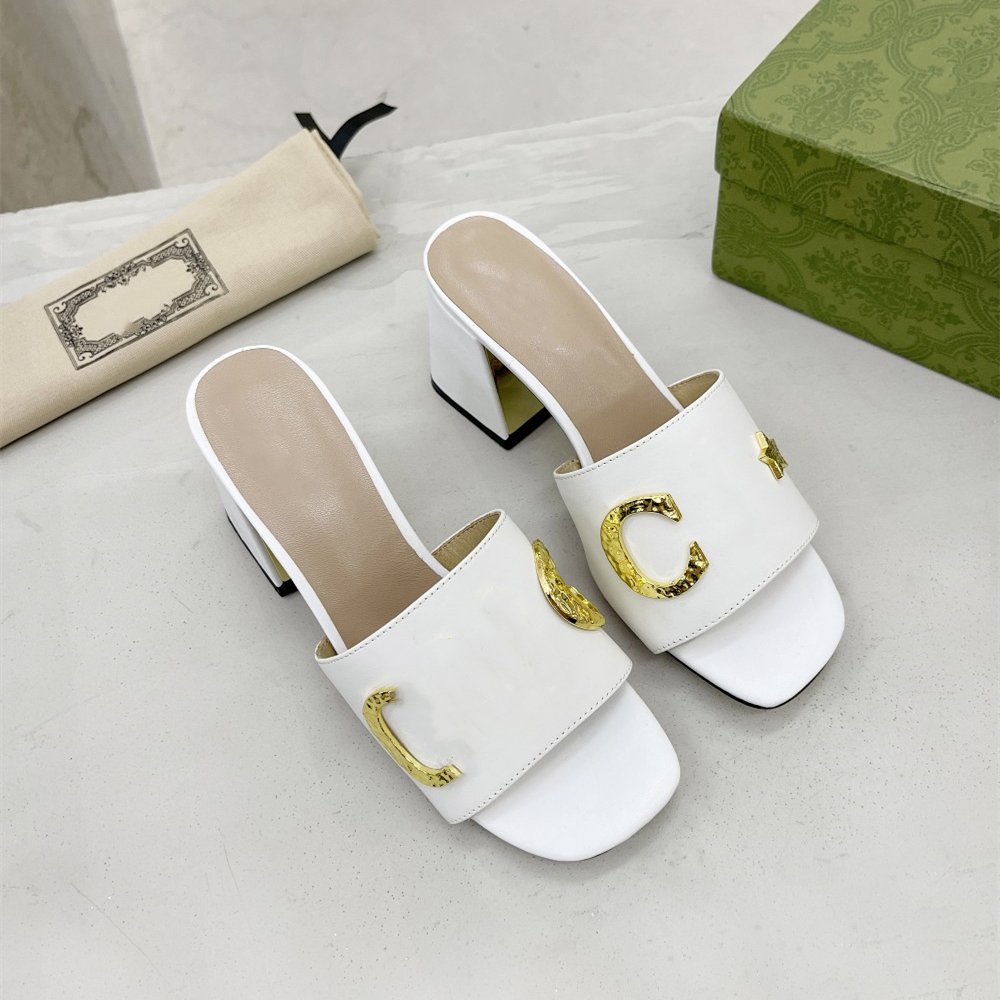 

2023 Fashion Women Metal Buckle Sandals Slippers Designer Vintage Kitten Thick High Leather High Heels
