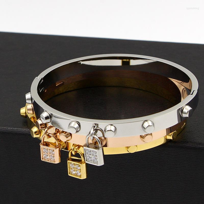 

Bangle 6MM Rivets Lock Bangles Stainless Steel Crystal Bracelet For Woman Girl Charm Festival Anniversary Jewelry Gift