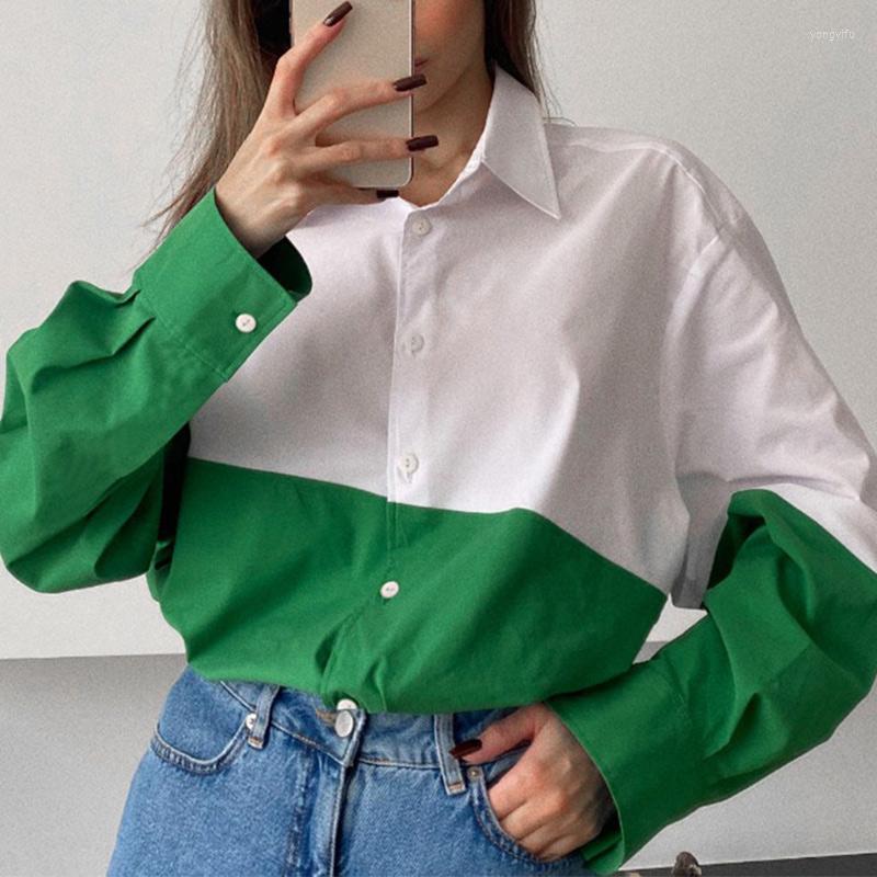 

Women's Blouses 2023 Panelled Women's Shirt Long Sleeve Turn Down Collar Harajuku Fashion Shirts Female Casual Loose Single Breasted Top, Green