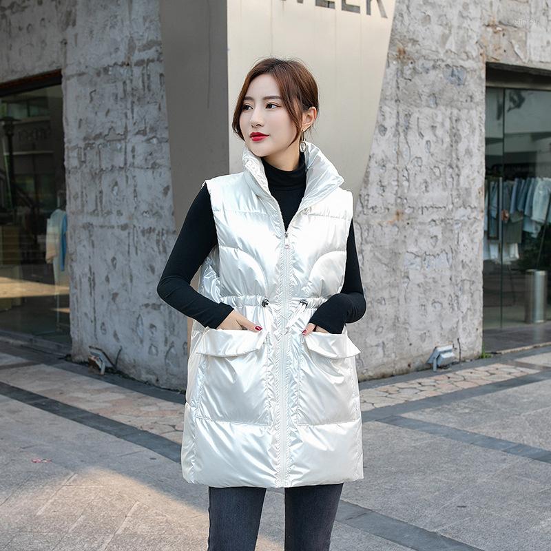 

Women's Vests Women's Down Cotton Vest Jacket Autumn Winter Mid-length Korean All-match Drawstring Shiny Sleeveless Loose Female, Silver