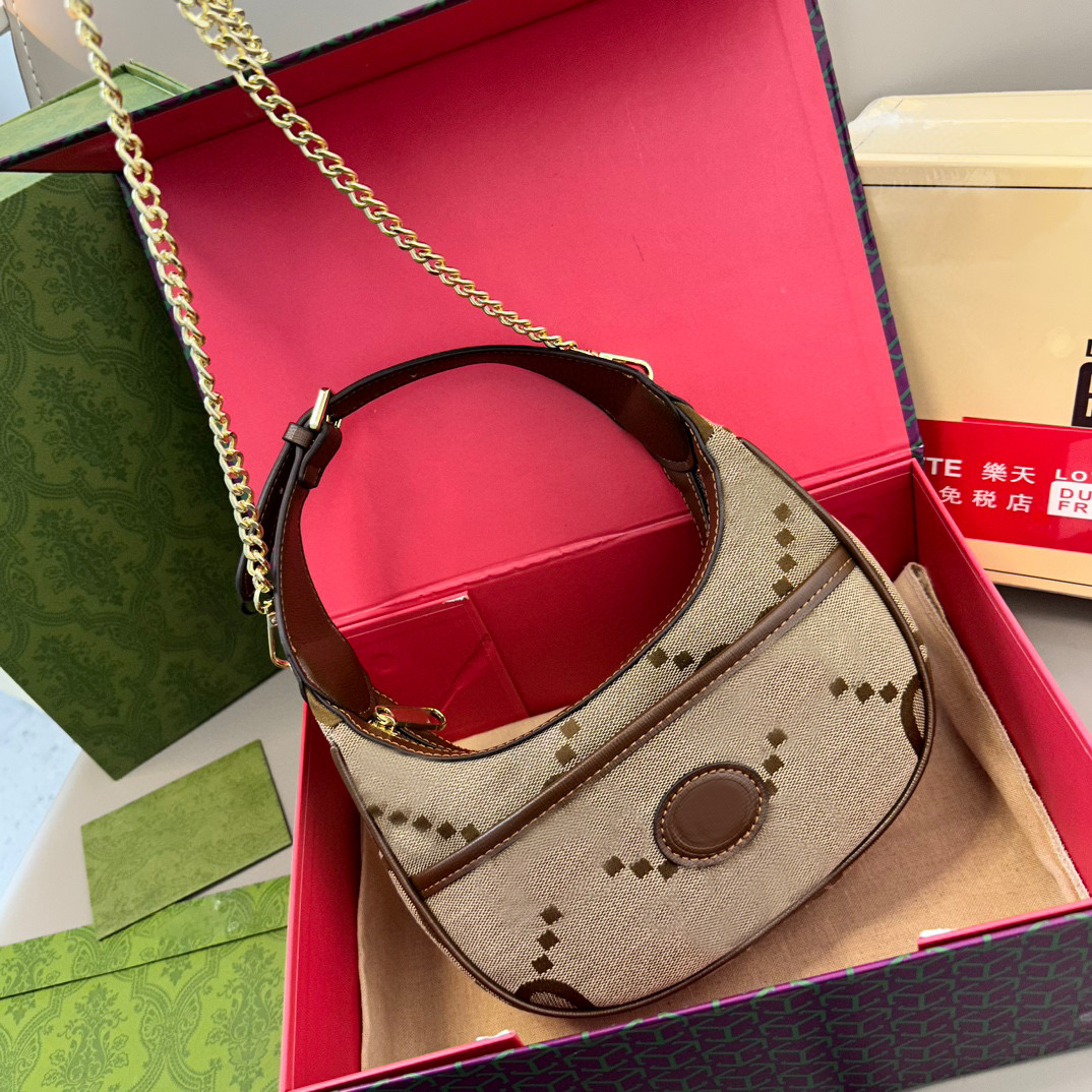 

Designer Bag Letter Hobo Women Underarm Tote Croissant Shoulder Handbag Detachable Chain Strap, Brown little letter