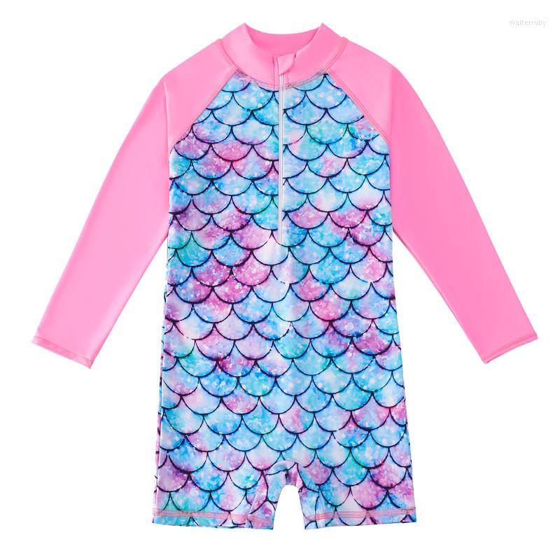 

Women's Swimwear Girls' One-Piece Long Sleeve Sweet Swimsuit For 3-8 Years Cute Fish Scale Print Round Neck Zipper Bodysuit Beachwear