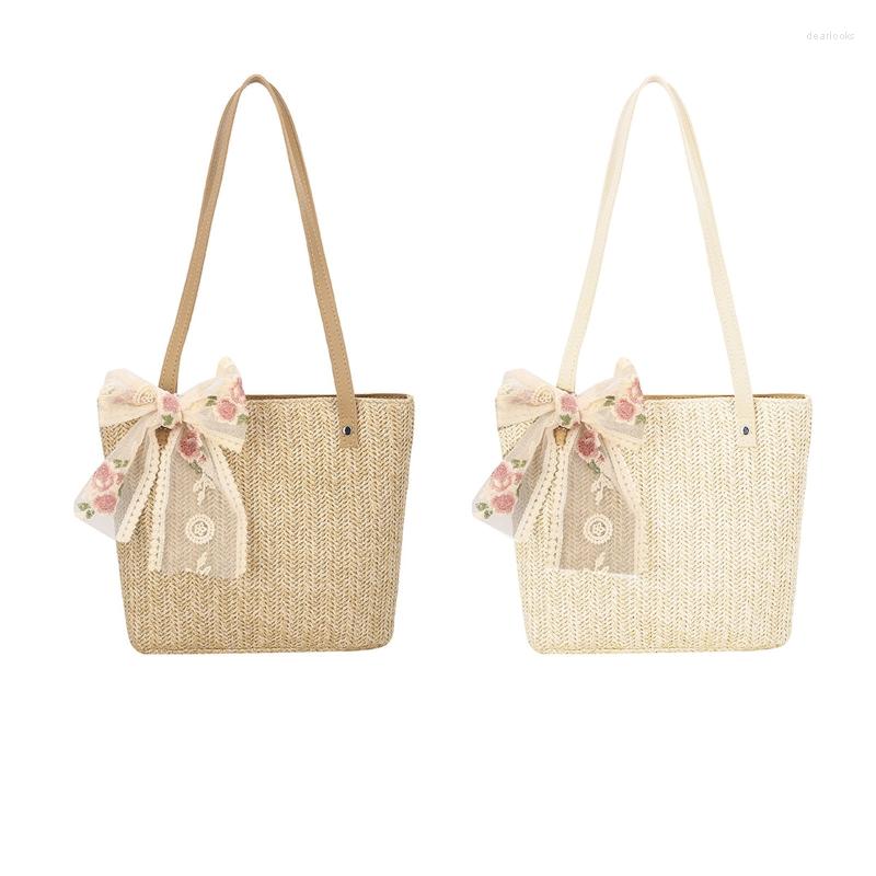 

Evening Bags Hand-Woven Tote Bag Large Capacity Shoulder Straw Commuter Handbag For Girlfriend Women Female Vacation Party, White