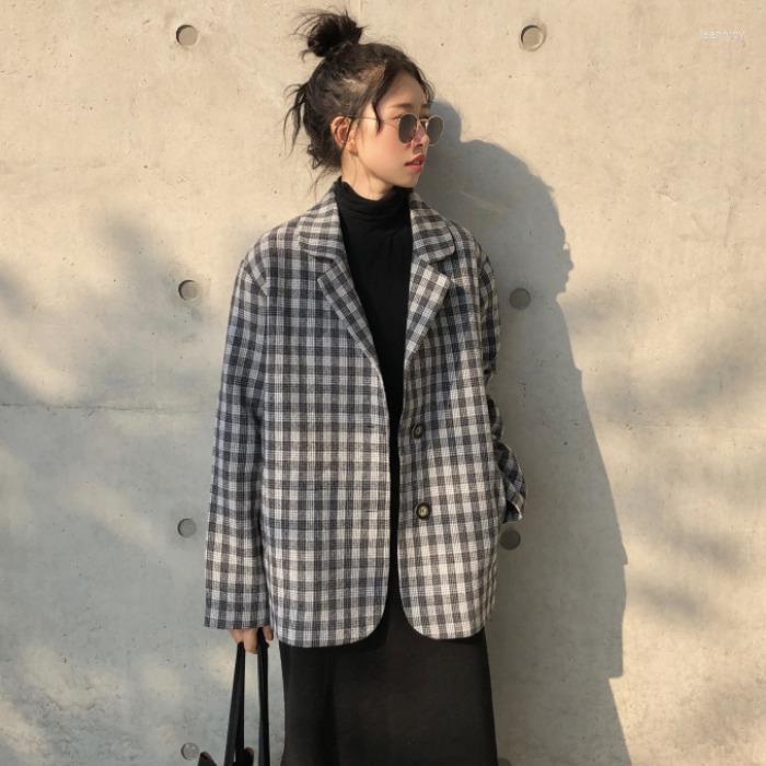 

Women' Jackets 2023Women Spring Autumn Jacket Korean Female Casual Commute Harajuku Coat Slim Loose Suits Lattice Long-Sleeved Top, Black