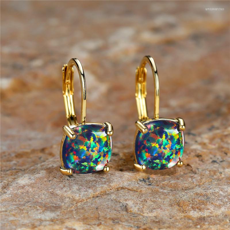 

Hoop Earrings Cute Female Rainbow Opal Stone Charm Square Small Trendy Bridal Gold Color Wedding For Women