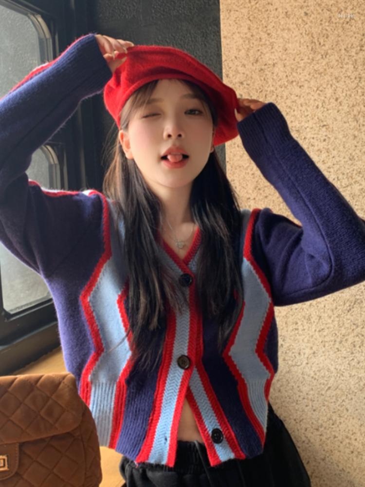 

Women's Knits Y2k Aesthetic Vintage V-neck Striped Women Cardigans Tops Contrast Color Patchwork Jacket Buttons Female Knit Sweaters Crop, Black