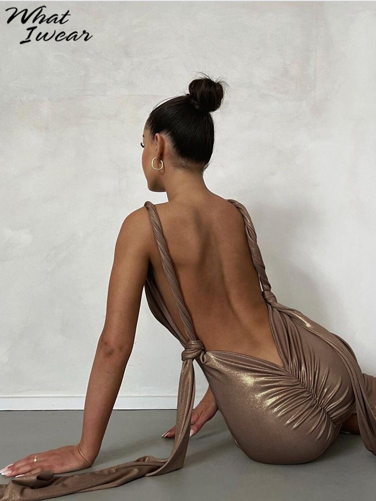 

Casual Dresses Whatiwear Dress For Women 2023 Solid Color Backless Sexy Prom Sleeveless Hanging Neck Fashion Runway Slim Pleated Summer, Auburn