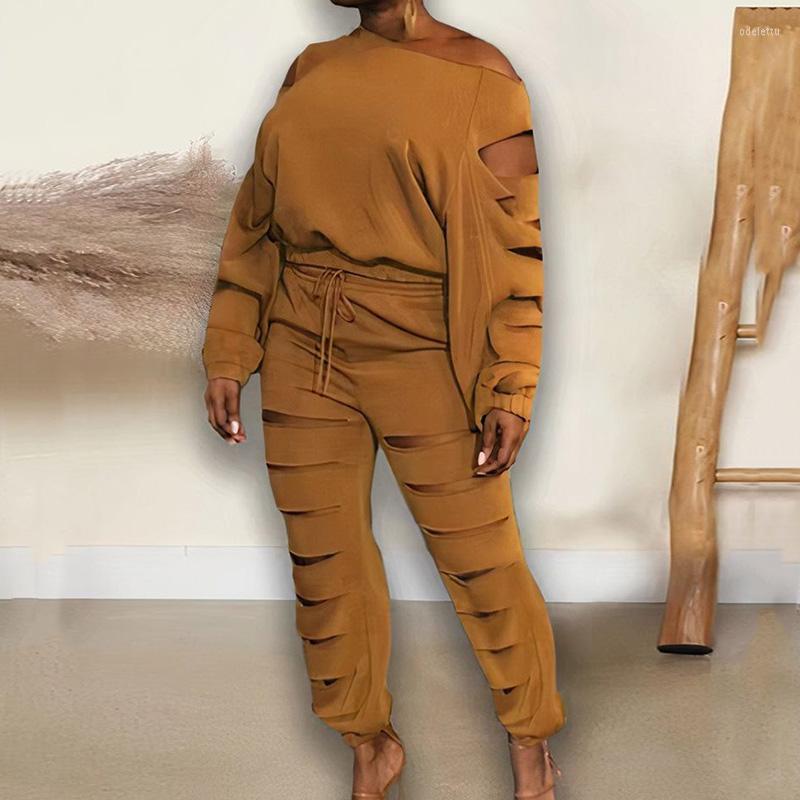 

Women's Tracksuits Women Sexy Hollow Loose Outfits Elegant Slash Neck Pullover Blouse And Tie-up Pant Sets Casual Long SLeeve Solid Two, 02 black