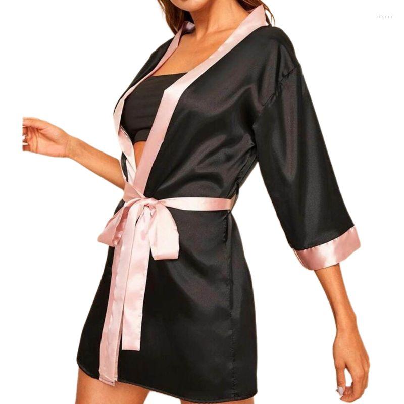 

Women' Sleepwear Women Imitation Silk Sexy Short Kimono Robe Colorblock Bride Wedding Party Open Front Bathrobe Nightgown With Belt Panty, Pink