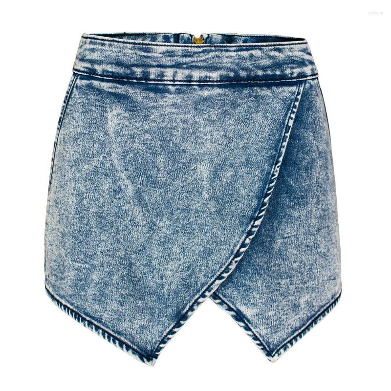 

Skirts Fashion Sexy Cross Laminated Irregular Denim Skirt, Blue