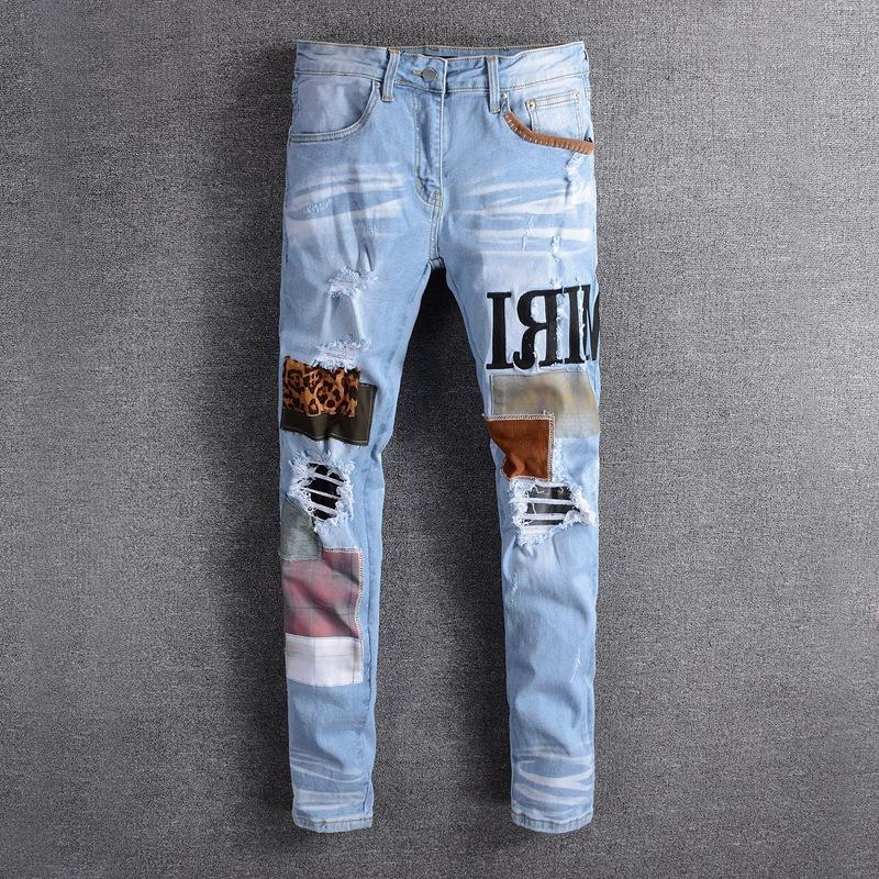 

Pants Men's Jeans Fashion Patch Ripped Blue Men Slim Fit Designer Washed Denim Trousers Hip Hop DJ Party Punk Rock Pants Paswc, Sky blue