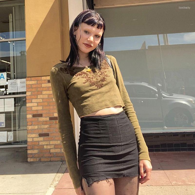 

Women' T Shirts Autumn Spring Vintage Y2K T-shirts Women Long Sleeve Floral Print Crop Tops Fashion Street Slim Fit Pullovers  M L, Khaki