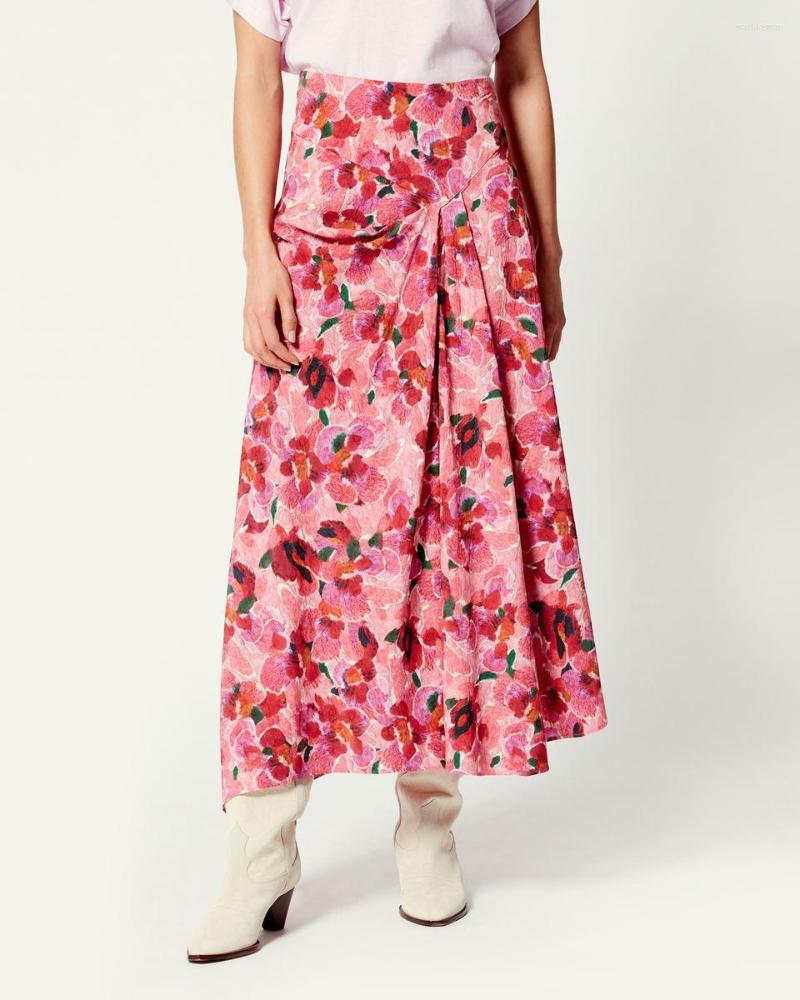 

Skirts Women Skirt 2023 Summer Female Fashion All-match Floral Print Slim Folds Irregular Long Pink Maxi