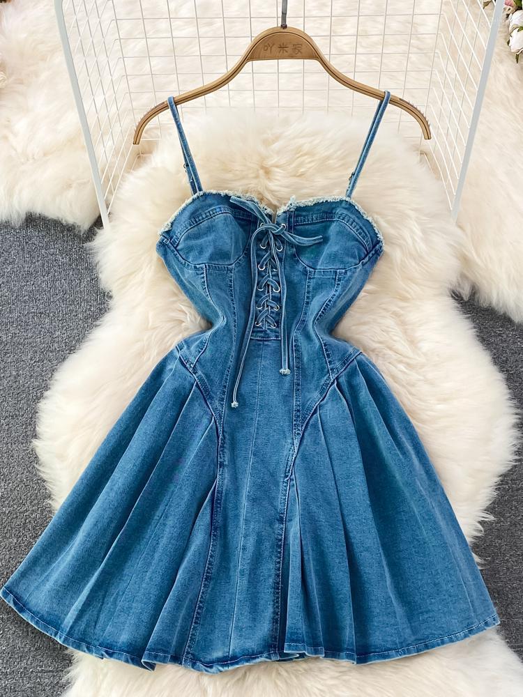 

Casual Dresses ZCWXM Blue Denim Women Summer Sexy V Neck Gothic Spaghetti Strap Club Bandage Zipper Off Shoulder Party Dress