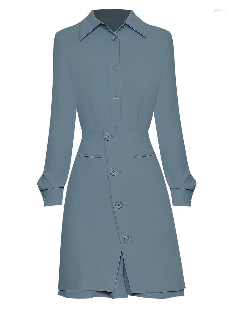 

Work Dresses Runway Spring Autumn Designer Shirt Tops Casual Sexy Irregular Skirt Elegant Vintage High Quality Fashion Office Women, Blue