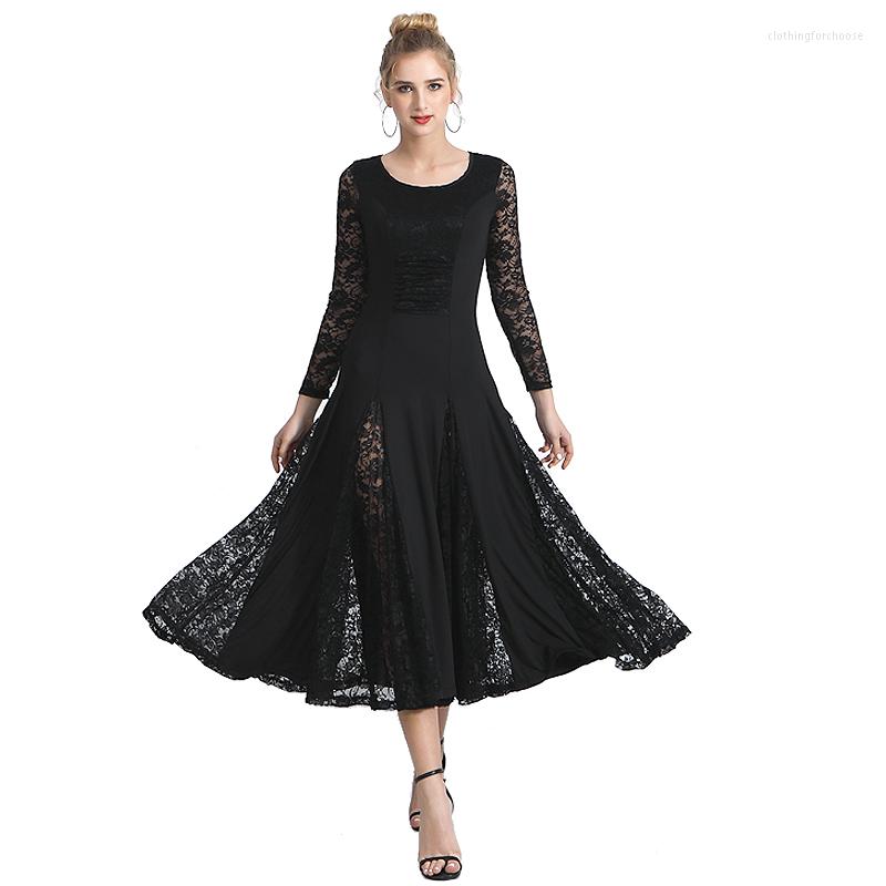 

Stage Wear Ballroom Dance Dress Ladies Halloween Performance Costumes Modern Standard Dresses Tango Women Waltz Long Sleeve Lace, Black