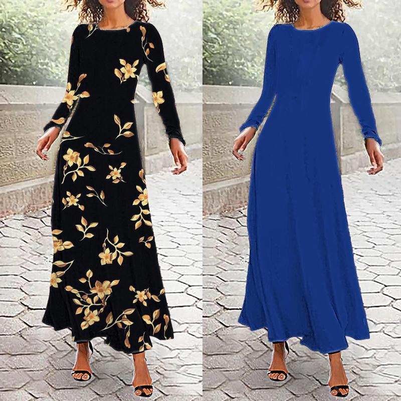 

Casual Dresses Boho Long Dress 2023 Spring Women Sleeve Round Neck Loose Crew Floral Printed Beach Sundress, Blue