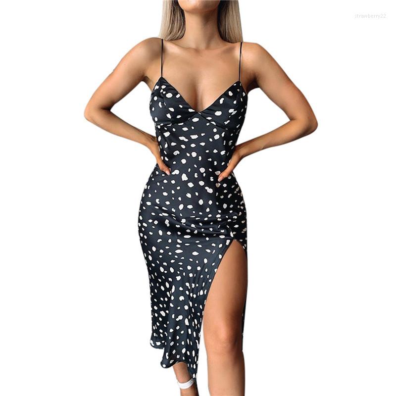 

Casual Dresses Women Floral Printed Sweet Sling Dress Ladies Summer Fashion Sleeveless V-neck Lace-up Party Clothes High Split, Black