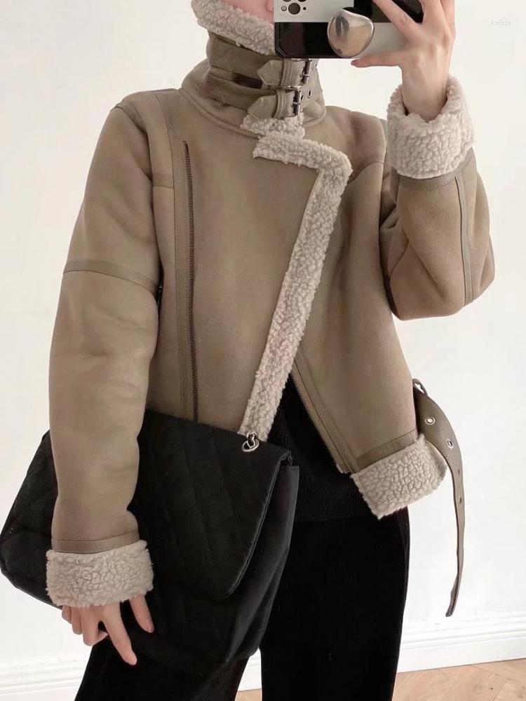 

Women's Leather Winter Warm Pu Coat Faux Lamb Jacket Women Streetwear Thick With Belt Female Suede Lambs Brown Outwear