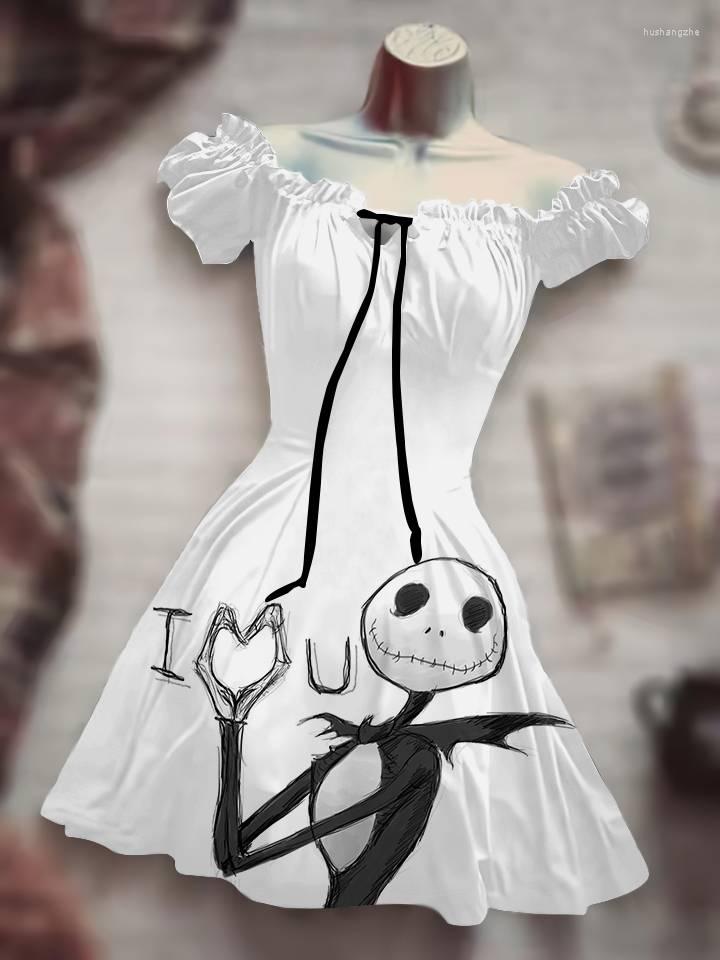 

Casual Dresses Summer Ladies Puff Sleeve Mid Waist Dress Halloween Humor Funny Horror Print Costume Women Fashion Everyday Clothing, Yq2147781