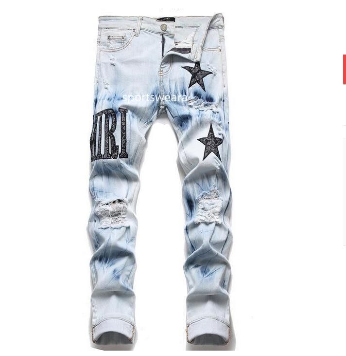 

Men's Jeans European Jean Hombre Letter Star Men Amiris Embroidery Patchwork Ripped For Trend Brand gg Motorcycle Pant Mens Skinny Qro, C11
