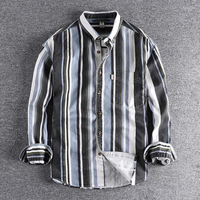 

Men's Casual Shirts Harajuku Men's Striped Button Collar Color Shirt Loose Oversize Retro American Wear Youth Caogo Male Tops, Card black stripe
