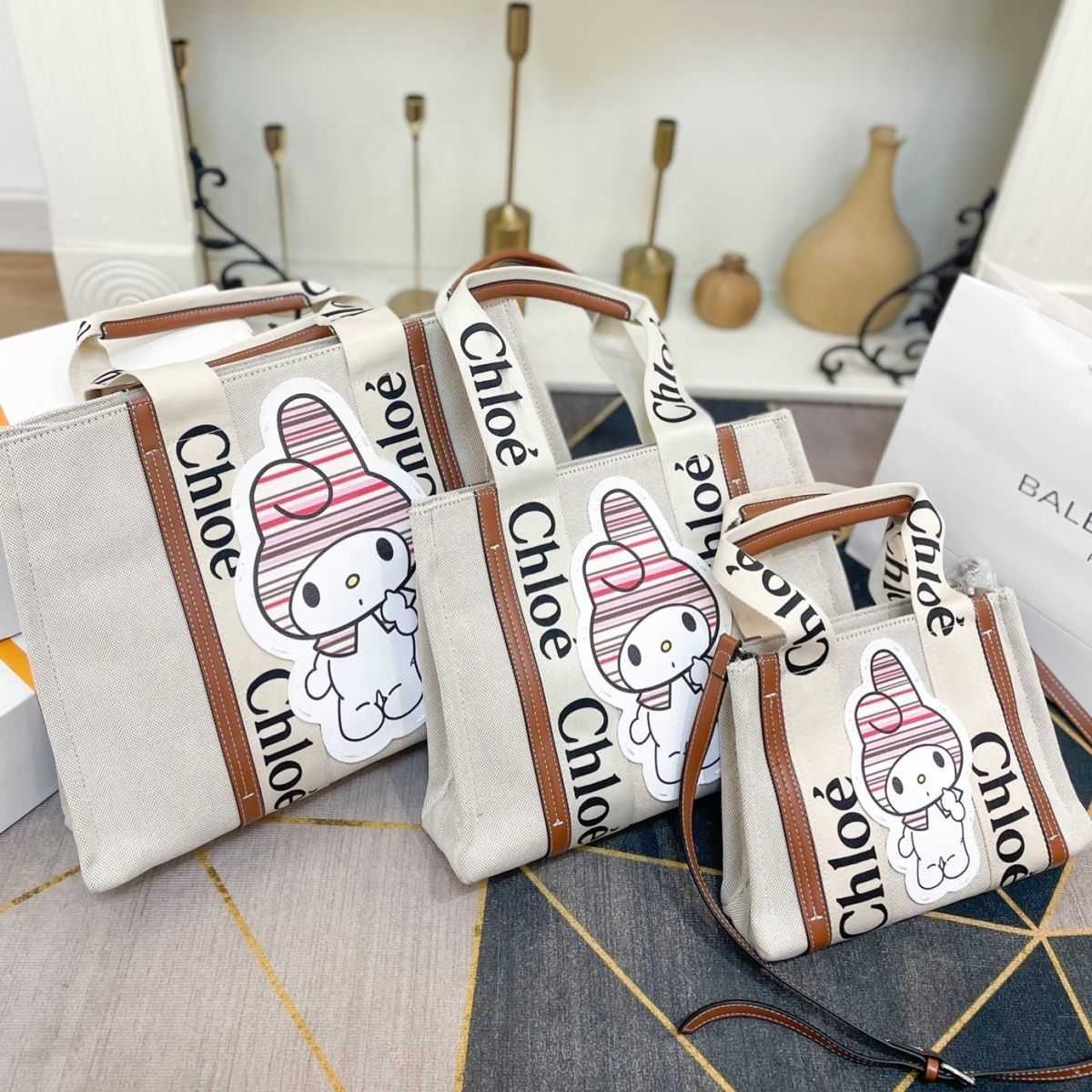 

woody Designer Tote Bag Calf Leather with Canvas Size Small 27 20cm Medium 36 26cm Large 42 32 8E4M